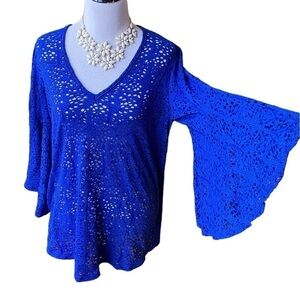 Jordan Taylor Bell Sleeve V-Neck Tunic Royal Blue Lace size Medium Made in USA